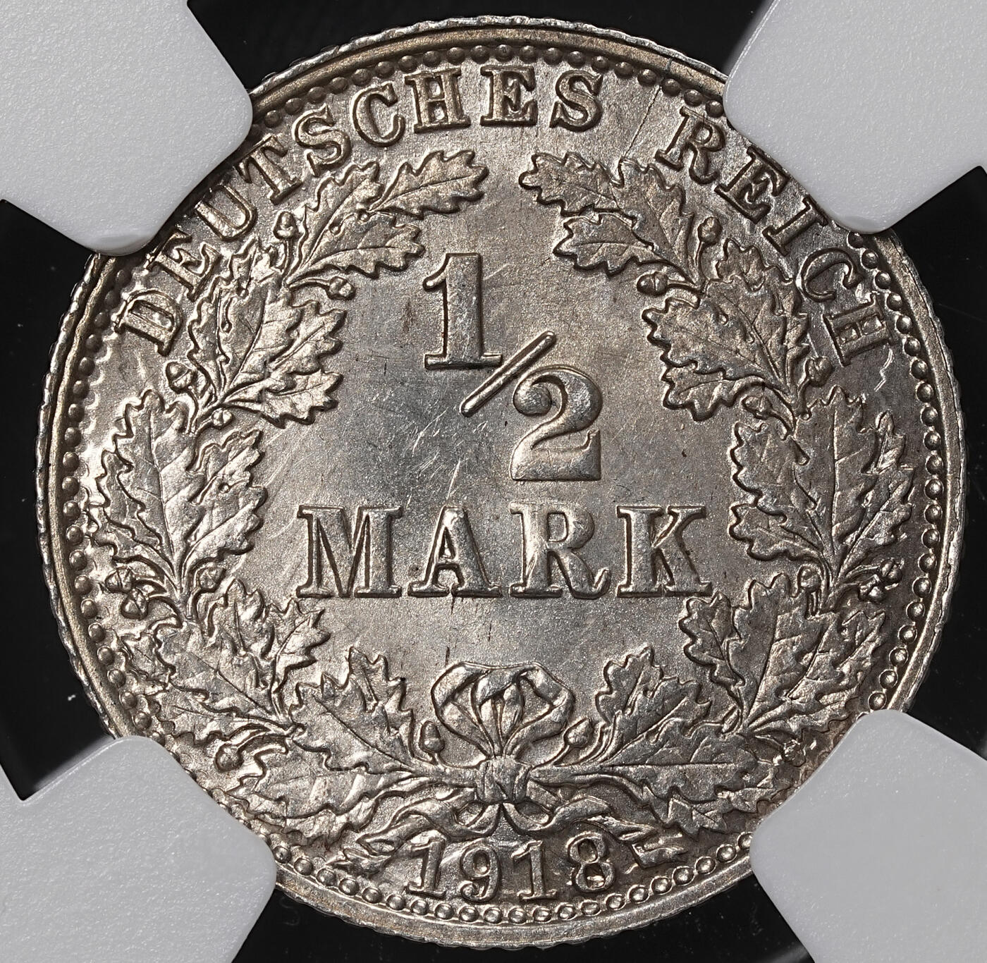 修遠堂世界钱币第八十四期 NGC MS65 1918年德国1/2马克银币 A厂铭