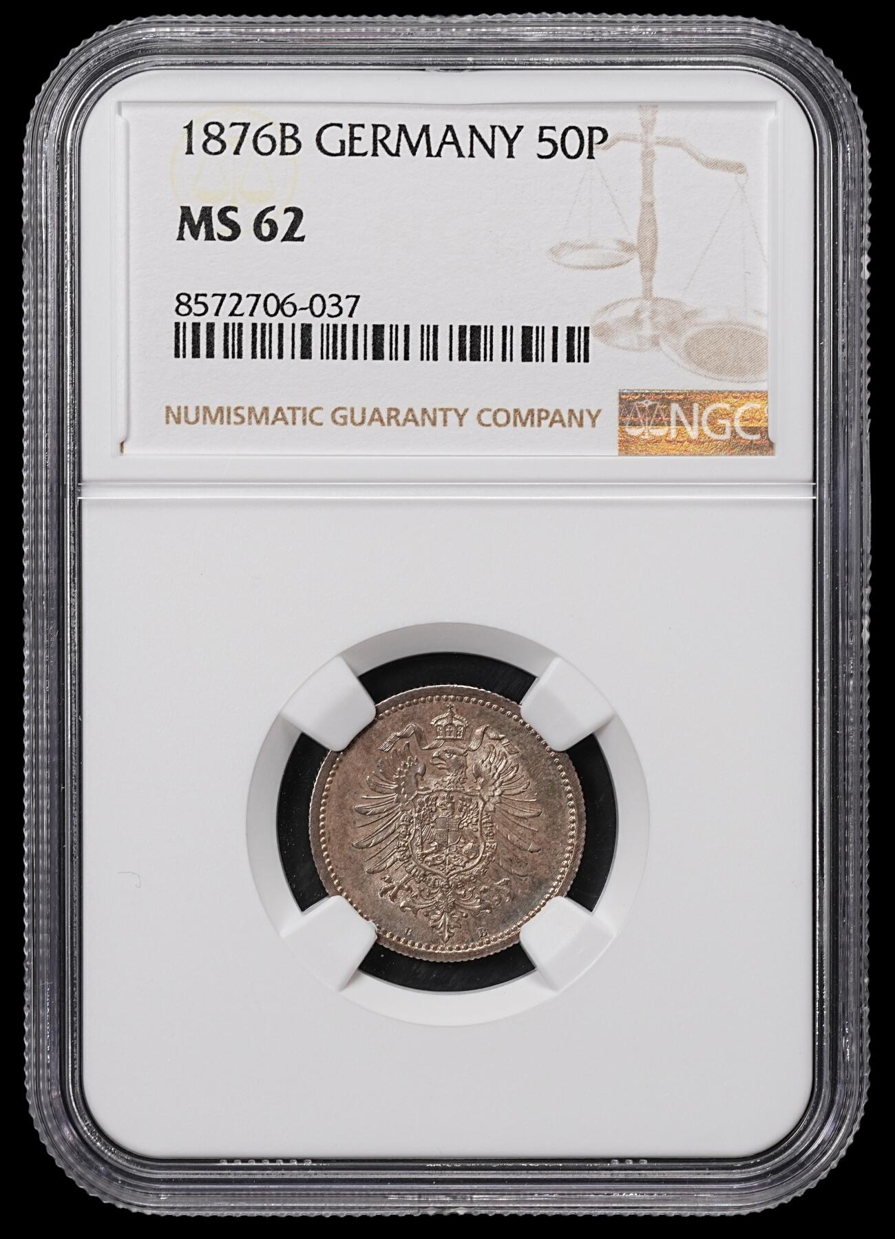 修遠堂世界钱币第八十四期 NGC MS62 1876年德国50芬尼银币 B厂铭