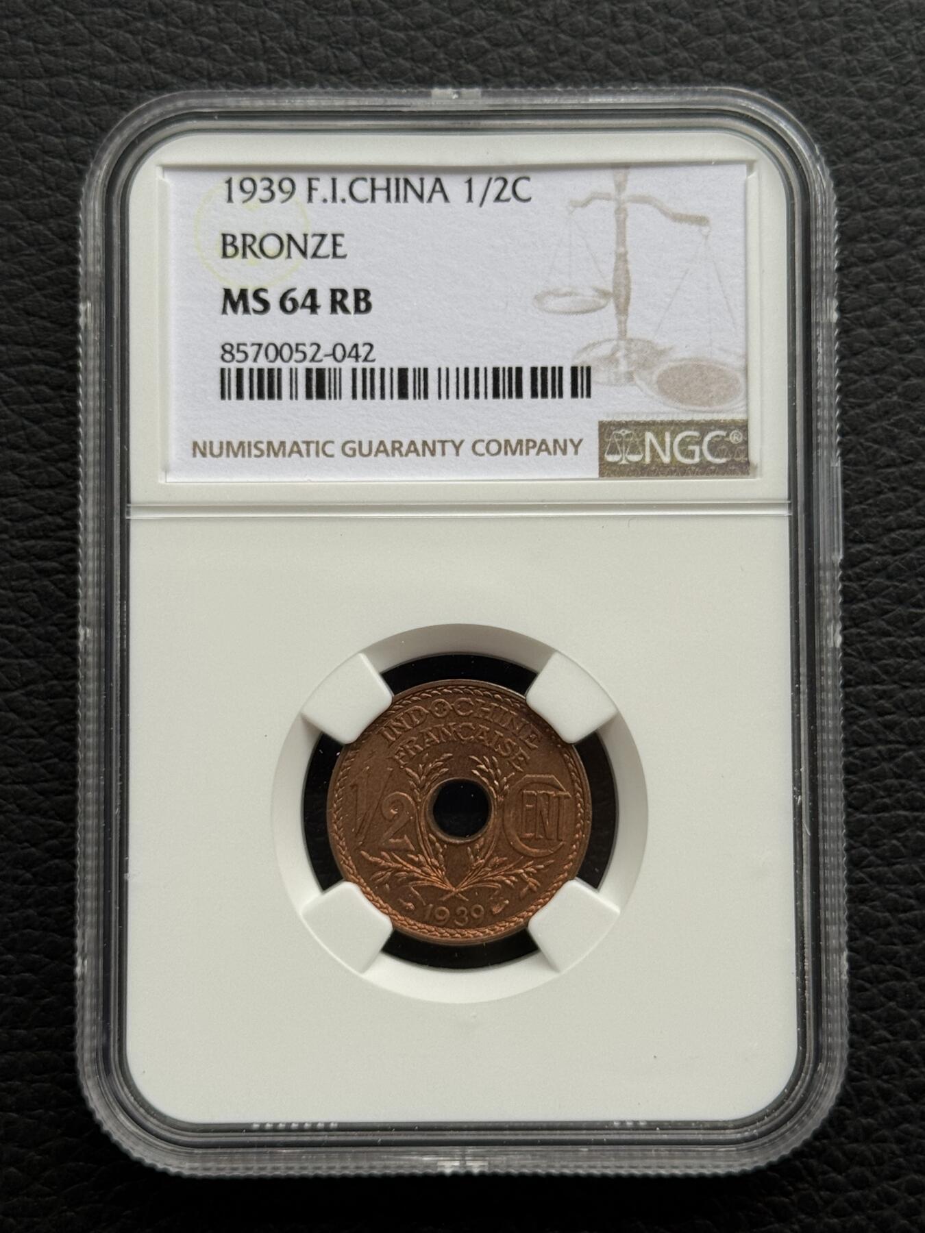 桂P钱币文化工作室拍卖第四十一期 法属印支1939年1/2铜币，NGC评级64分