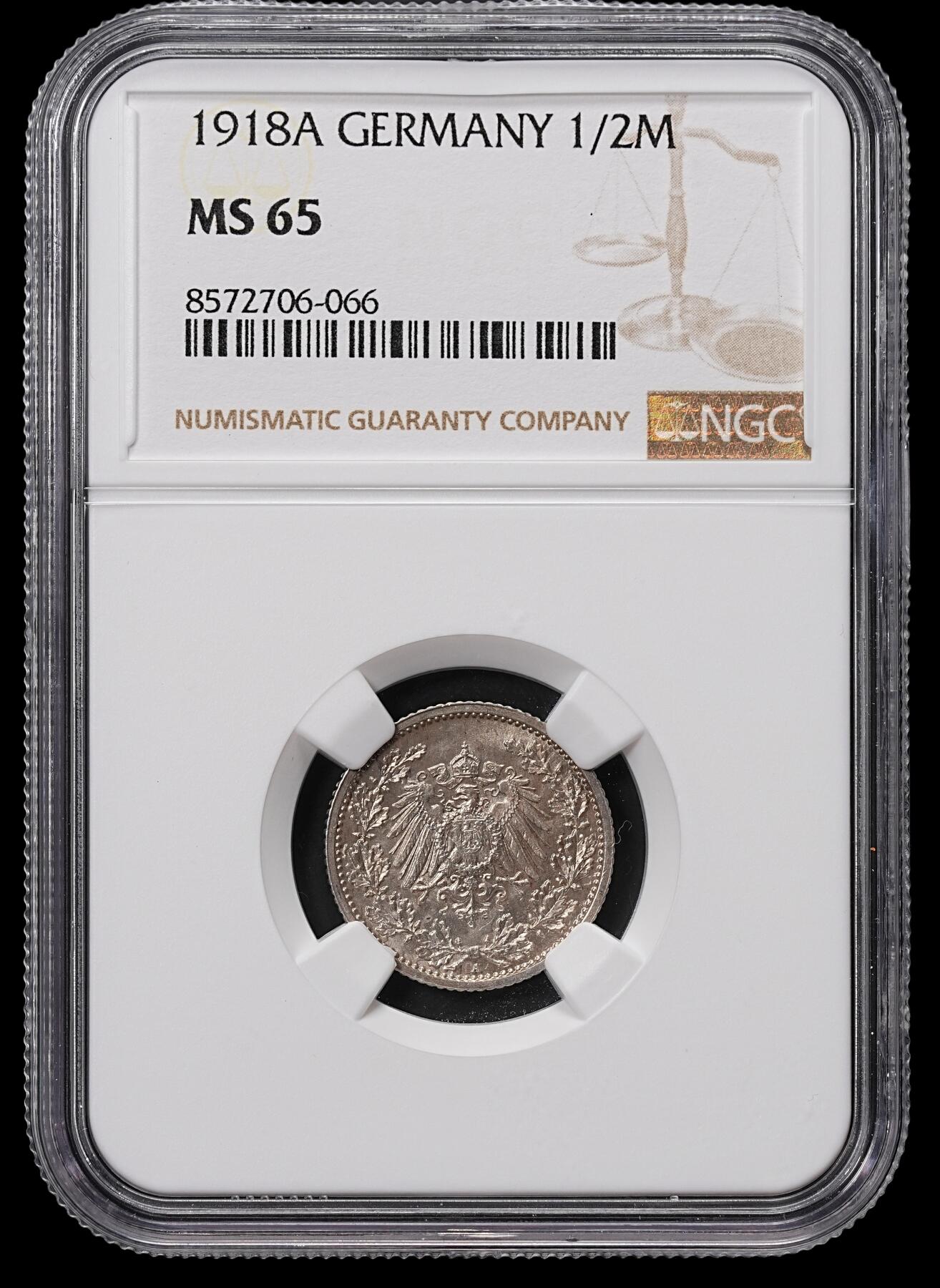 修遠堂世界钱币第八十四期 NGC MS65 1918年德国1/2马克银币 A厂铭