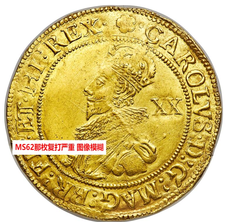 【Blue Auction】世界纸币精拍第724期——18级TOP拍卖/信誉/品质/专业/高效💫 【个位数记录 所见最佳】英国 1631-32年查理一世国王短暂发行版本Unite大金币（象征英格兰和苏格兰两大王国联合）=4克朗 购买力巨大 玫瑰花戳记 伦敦塔造币厂 该枚光感及底板丝滑 细节清晰且深峻 人像精美 如此佳状态对于查理一世金银币来说非常难得 备受追捧 极具历史意义（如图所谓冠军分MS62和亚军分AU58整体有复打 人像有轻微bend 玫瑰花和铭文模糊不清 远没有当下这枚看着舒服）