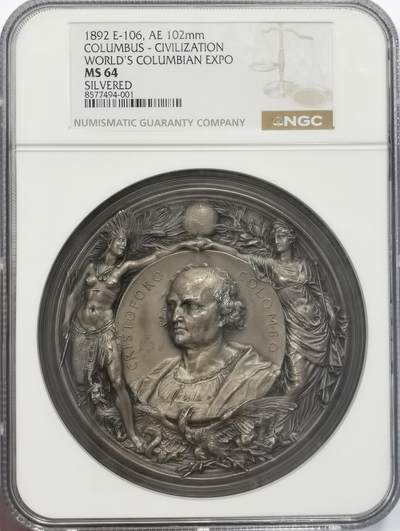 博洋堂世界钱币拍卖第139期（全场包邮） - NGC MS64 意大利1892年哥伦布发现美洲400年纪念章，102mm大尺寸，原铸，少见铜镀银版，比镀金版少很多