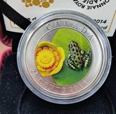 第174期拍卖【长期征集拍品】 - 加拿大2014年荷花和青蛙彩色铜镍合金纪念币，原盒证书