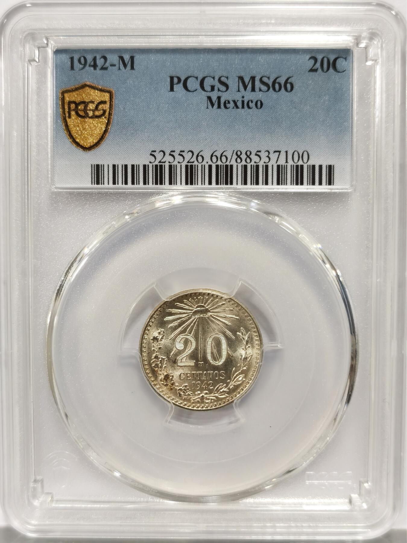 博洋堂世界钱币拍卖第139期（全场包邮） PCGS MS66 墨西哥1942年鹰洋20分银币，极品高分
