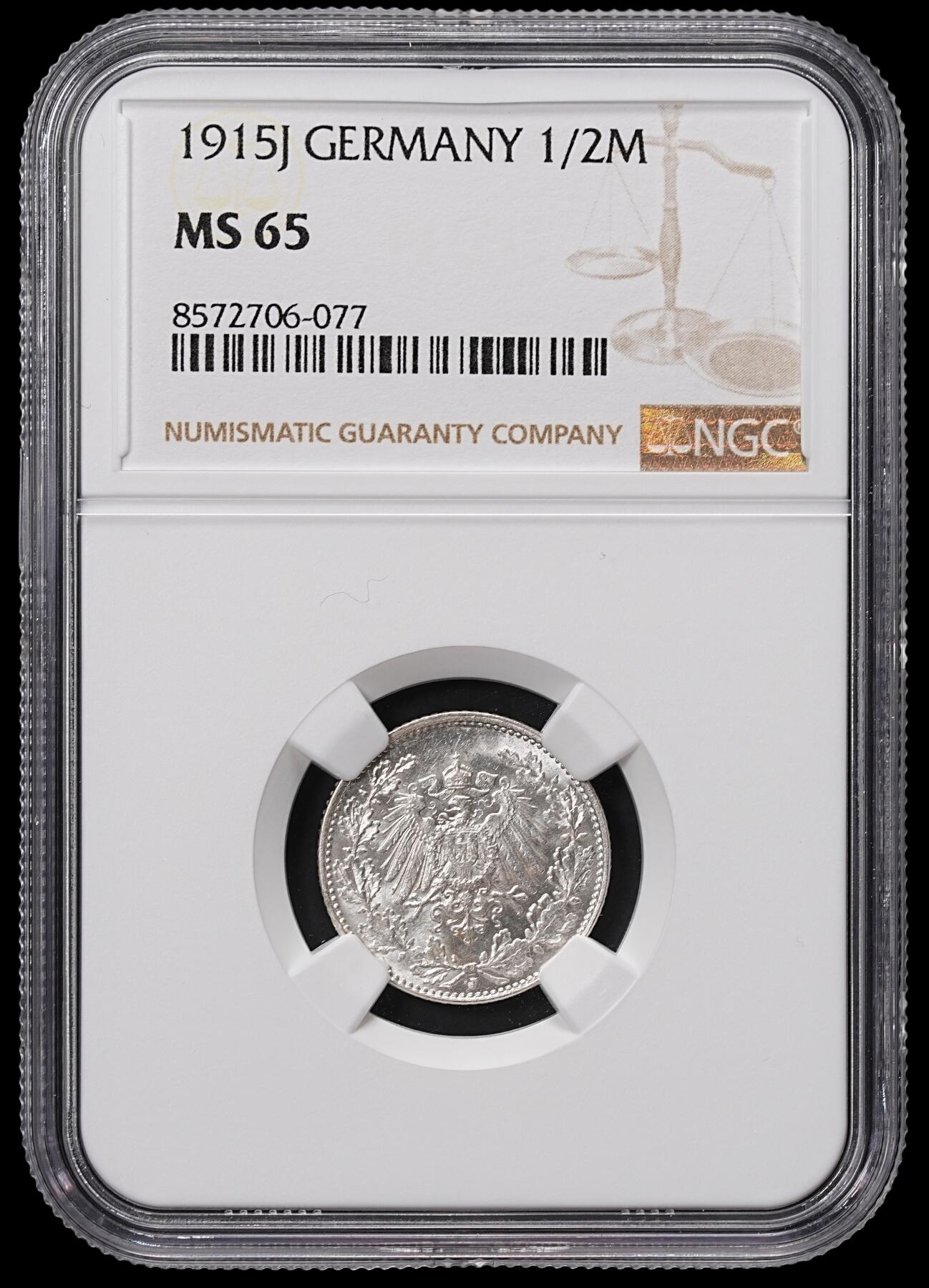 修遠堂世界钱币第八十四期 NGC MS65 1915年德国1/2马克银币 J厂铭