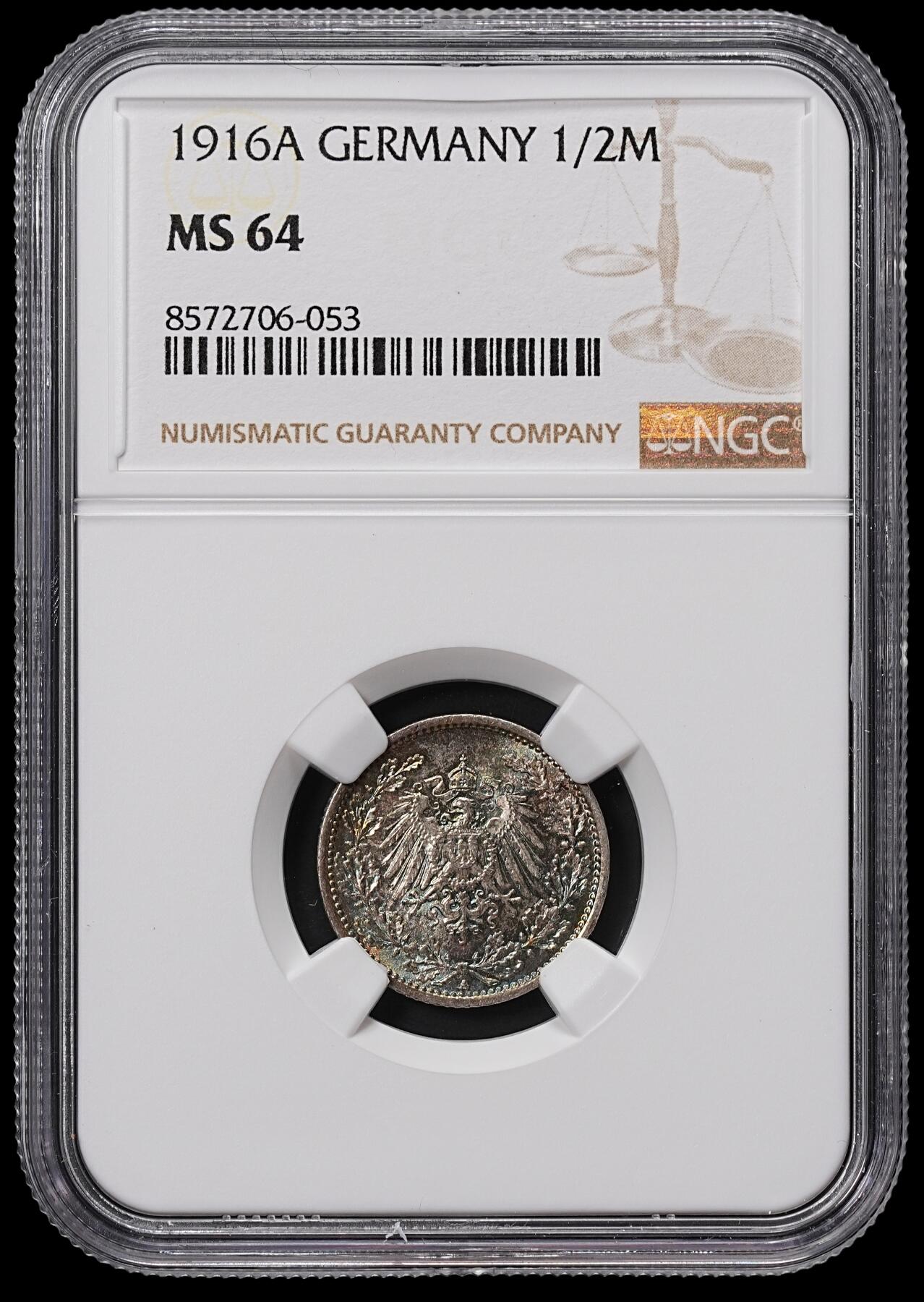 修遠堂世界钱币第八十四期 NGC MS64 1916年德国1/2马克银币 A厂铭