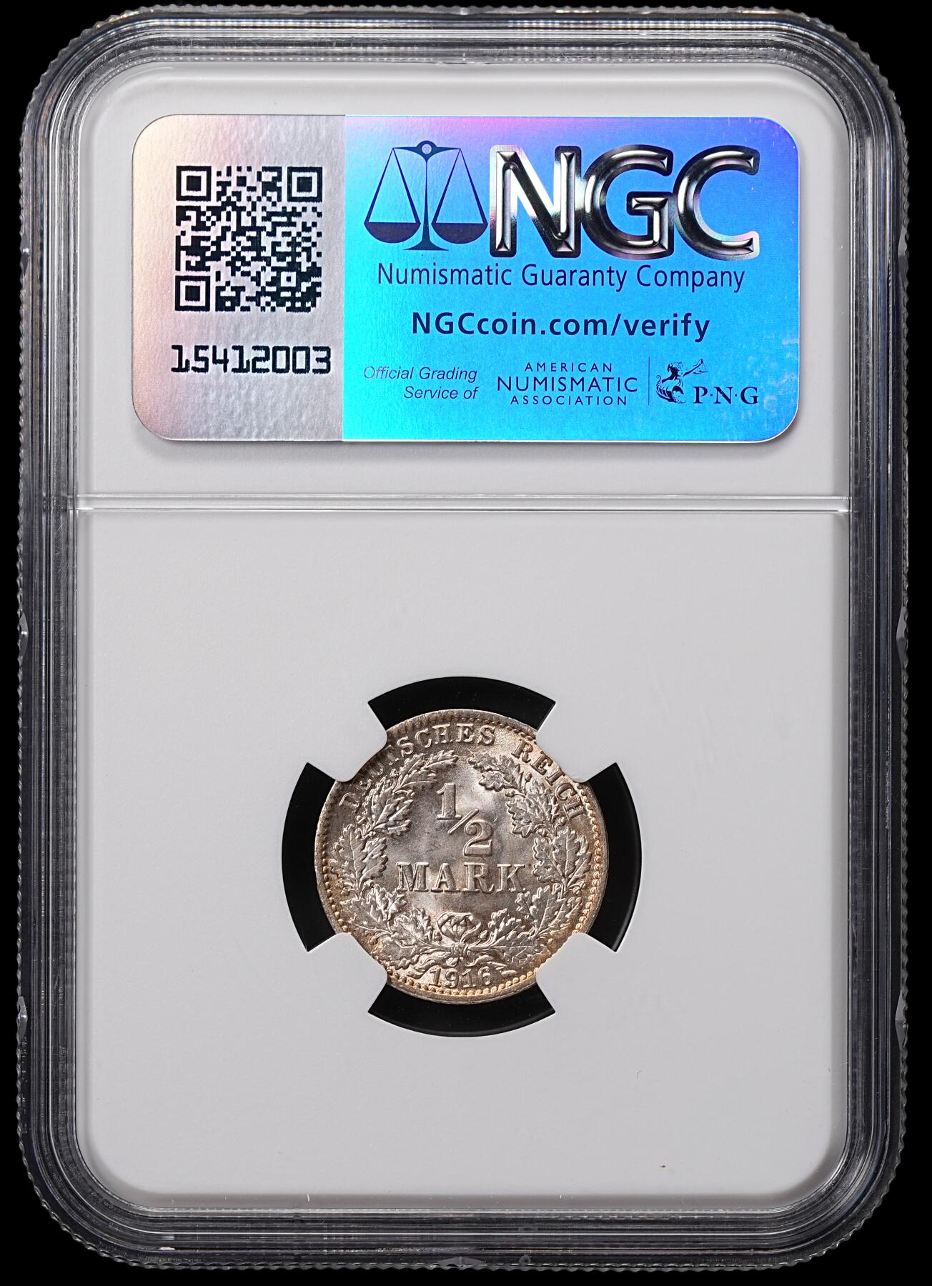 修遠堂世界钱币第八十四期 NGC MS64 1916年德国1/2马克银币 A厂铭
