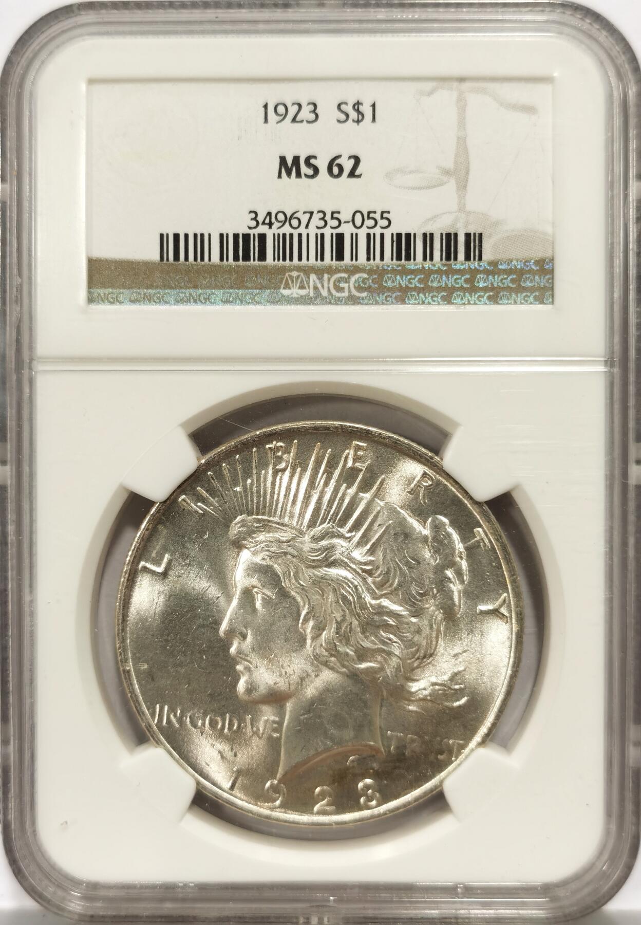 博洋堂世界钱币拍卖第139期（全场包邮） NGC MS62 美国1923年和平银币，原光品质，鹰面带淡彩，鹰羽发丝清晰状态非常不错，性价比拉满