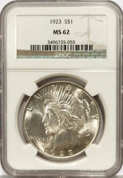 博洋堂世界钱币拍卖第139期（全场包邮） - NGC MS62 美国1923年和平银币，原光品质，鹰面带淡彩，鹰羽发丝清晰状态非常不错，性价比拉满