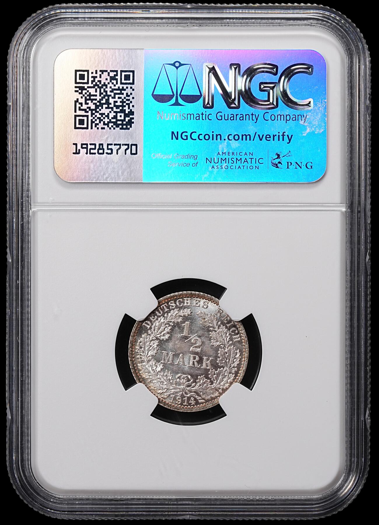 修遠堂世界钱币第八十四期 NGC MS66 1914年德国1/2马克银币 A厂铭