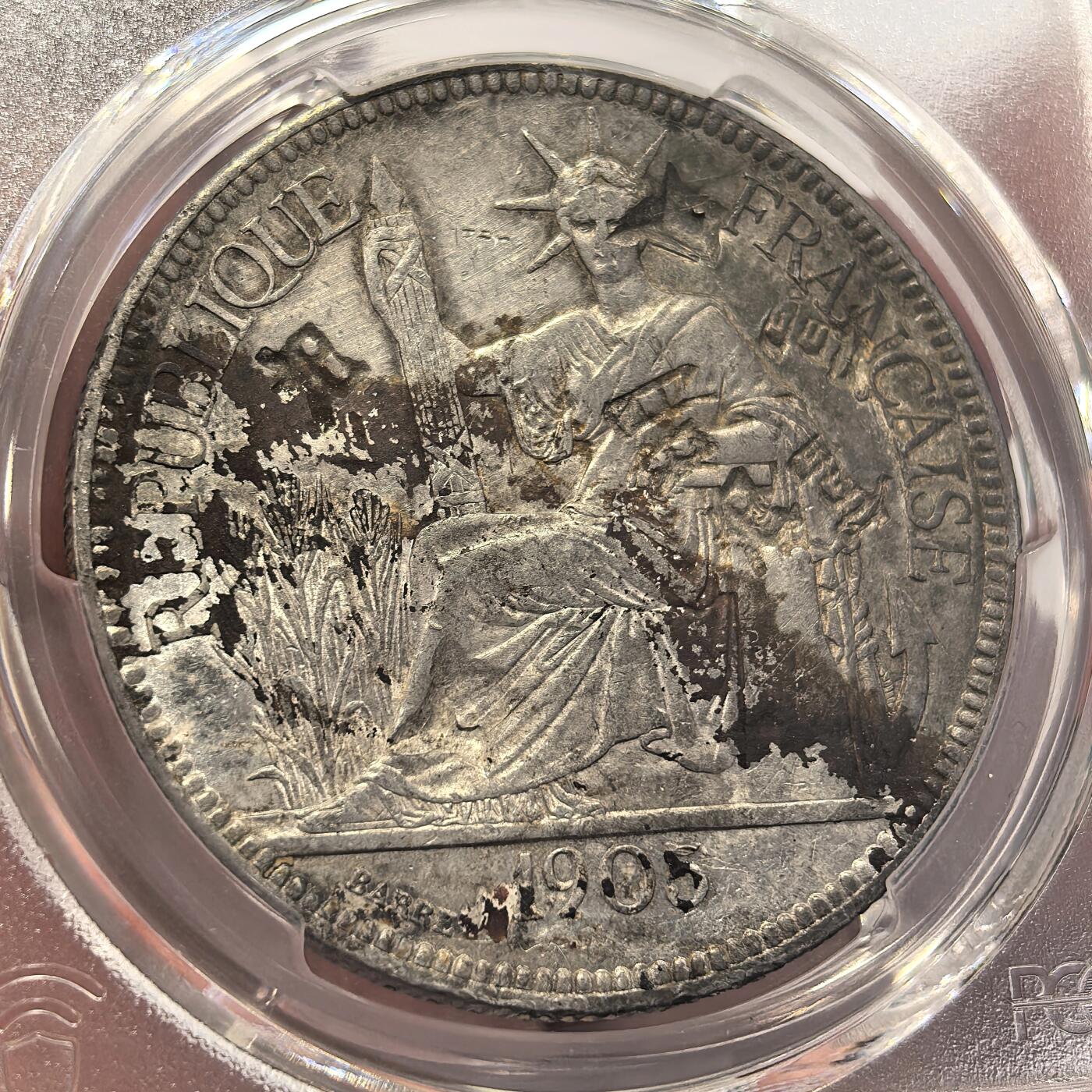 博洋堂世界钱币拍卖第139期（全场包邮） PCGS AU 法属印支1905年坐洋大银币，AU原光，少见双“畐”等精美戳记
