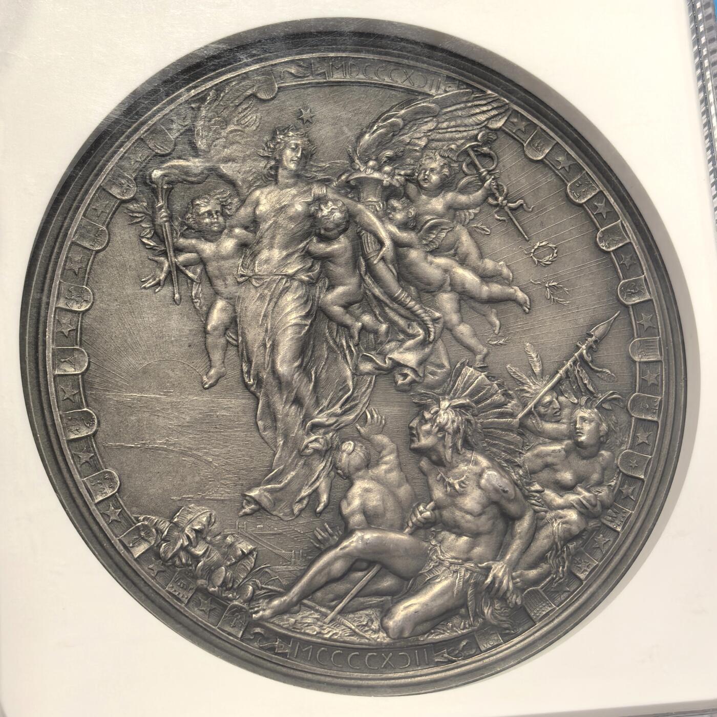 博洋堂世界钱币拍卖第139期（全场包邮） NGC MS64 意大利1892年哥伦布发现美洲400年纪念章，102mm大尺寸，原铸，少见铜镀银版，比镀金版少很多