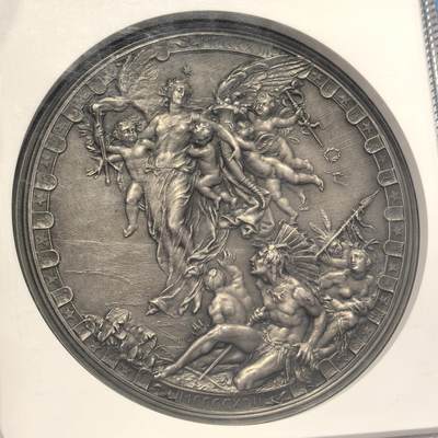 NGC MS64 意大利1892年哥伦布发现美洲400年纪念章，102mm大尺寸，原铸，少见铜镀银版，比镀金版少很多