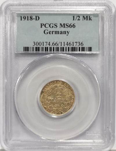 博洋堂世界钱币拍卖第139期（全场包邮） - PCGS MS66 德国第二帝国1918年D版1/2马克银币