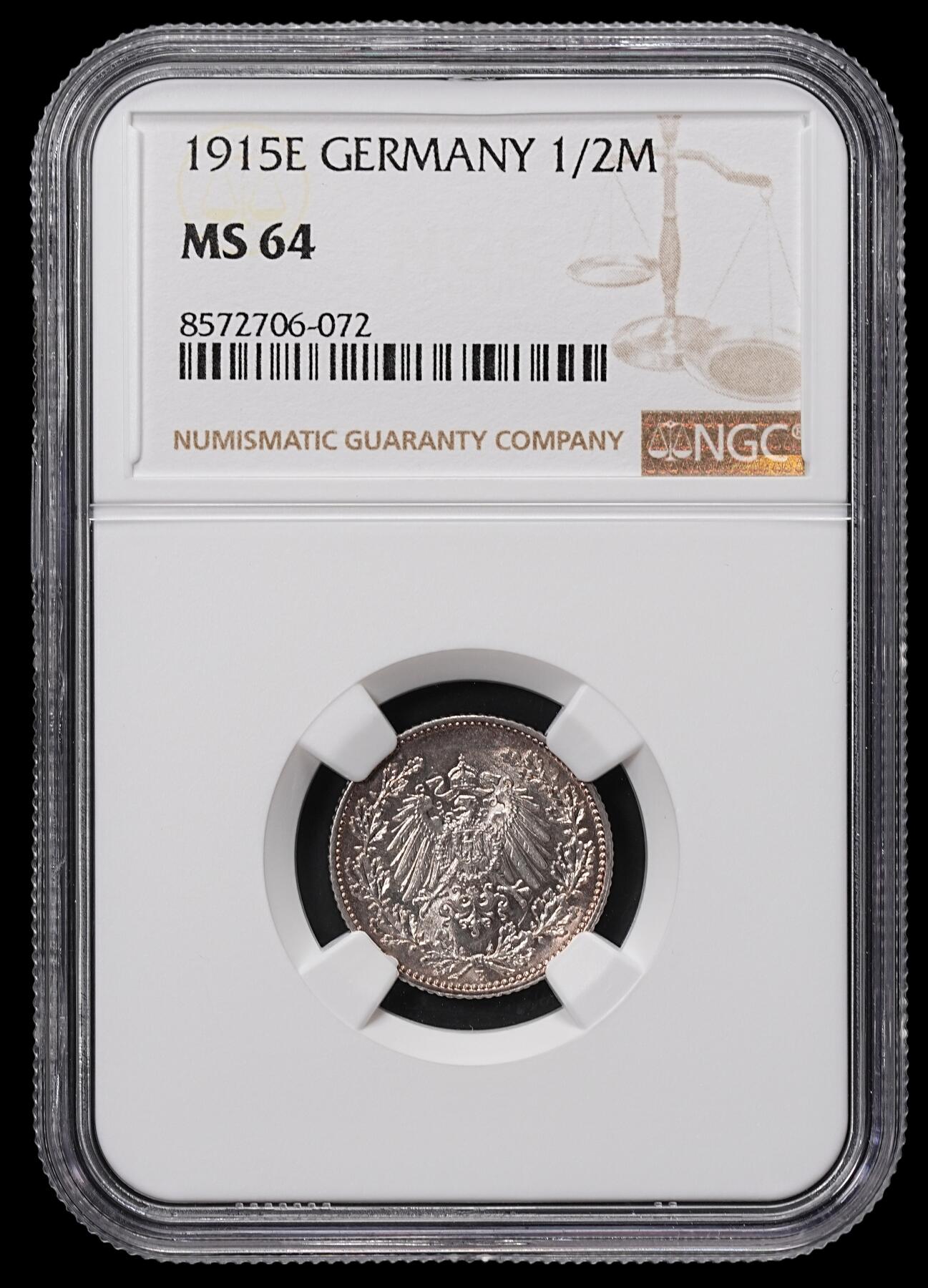 修遠堂世界钱币第八十四期 NGC MS64 1915年德国1/2马克银币 E厂铭