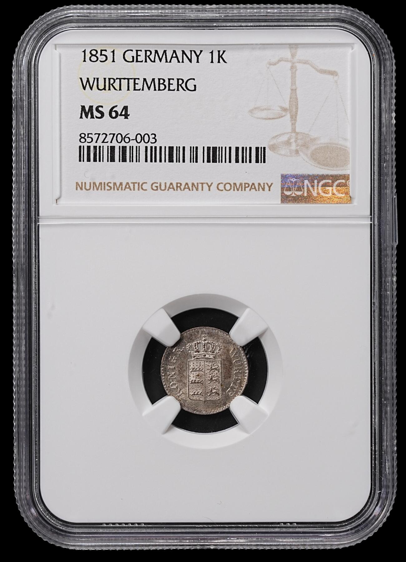 修遠堂世界钱币第八十四期 NGC MS64 1851年符腾堡1克鲁泽银币