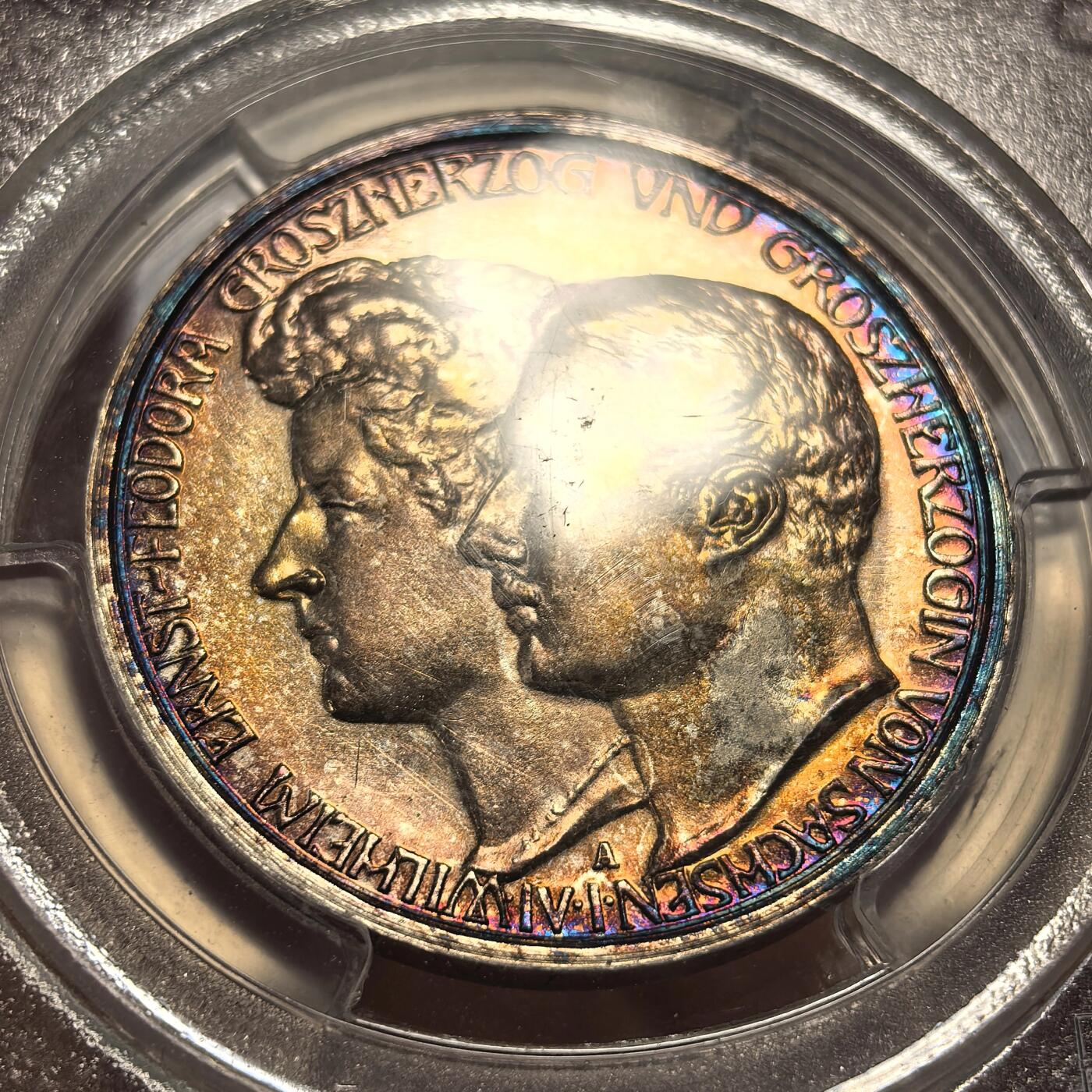 博洋堂世界钱币拍卖第139期（全场包邮） PCGS PR63 德国萨克森-魏玛-爱森纳赫1910年结婚纪念3马克银币，极美镜面五彩
