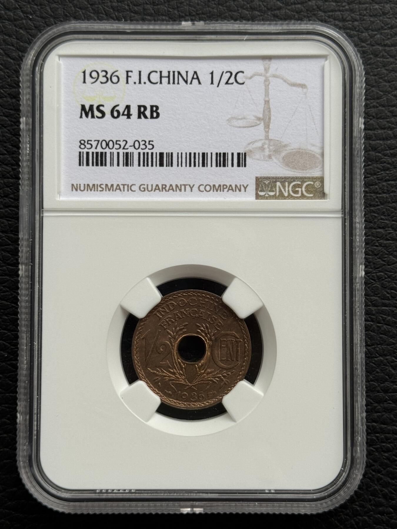 桂P钱币文化工作室拍卖第四十一期 法属印支1936年1/2铜币，NGC评级64分