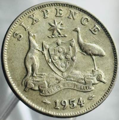 文馨钱币收藏第 271 场， 长期接收代拍品 - 1954 年英属澳大利亚伊丽莎白二世 6 便士银币，首版关门年，只发行 2 年，比较少 500 银