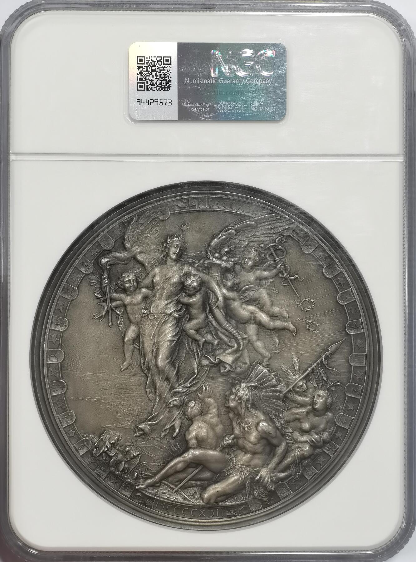 博洋堂世界钱币拍卖第139期（全场包邮） NGC MS64 意大利1892年哥伦布发现美洲400年纪念章，102mm大尺寸，原铸，少见铜镀银版，比镀金版少很多