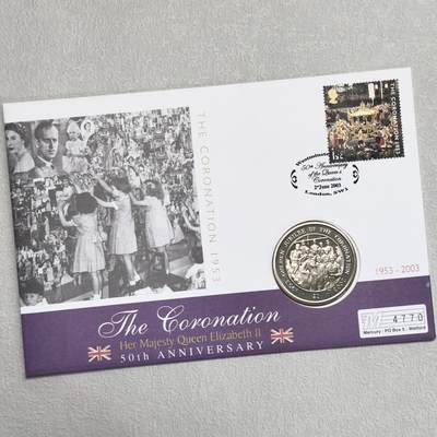 ＜小葵钱铺＞第60期·邮封克朗专场·满200包邮，不寄存·周一发货 - 〈邮币封〉维尔京群岛2003年女王加冕50周年·颁发阿斯科特赛马奖1元克朗型纪念币