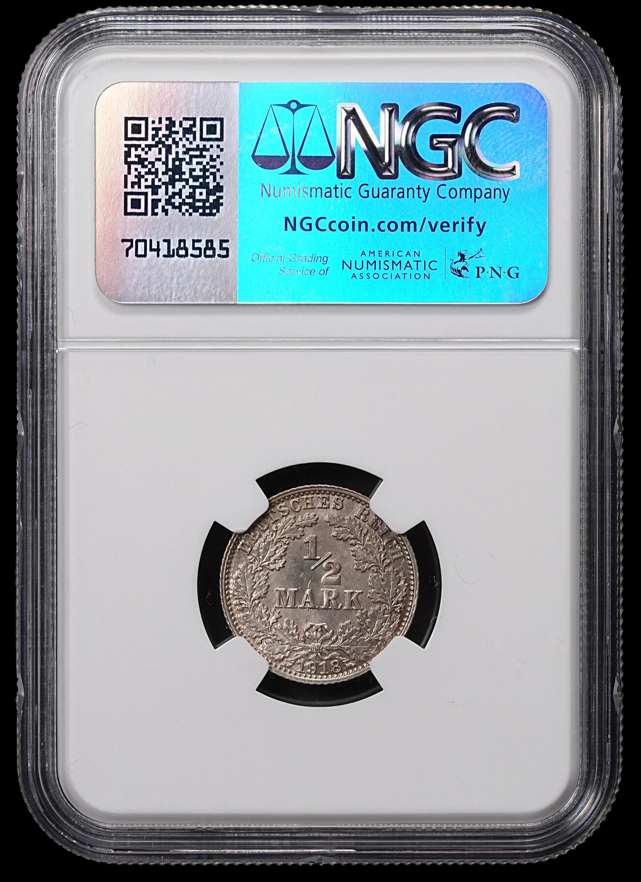 修遠堂世界钱币第八十四期 NGC MS65 1918年德国1/2马克银币 A厂铭