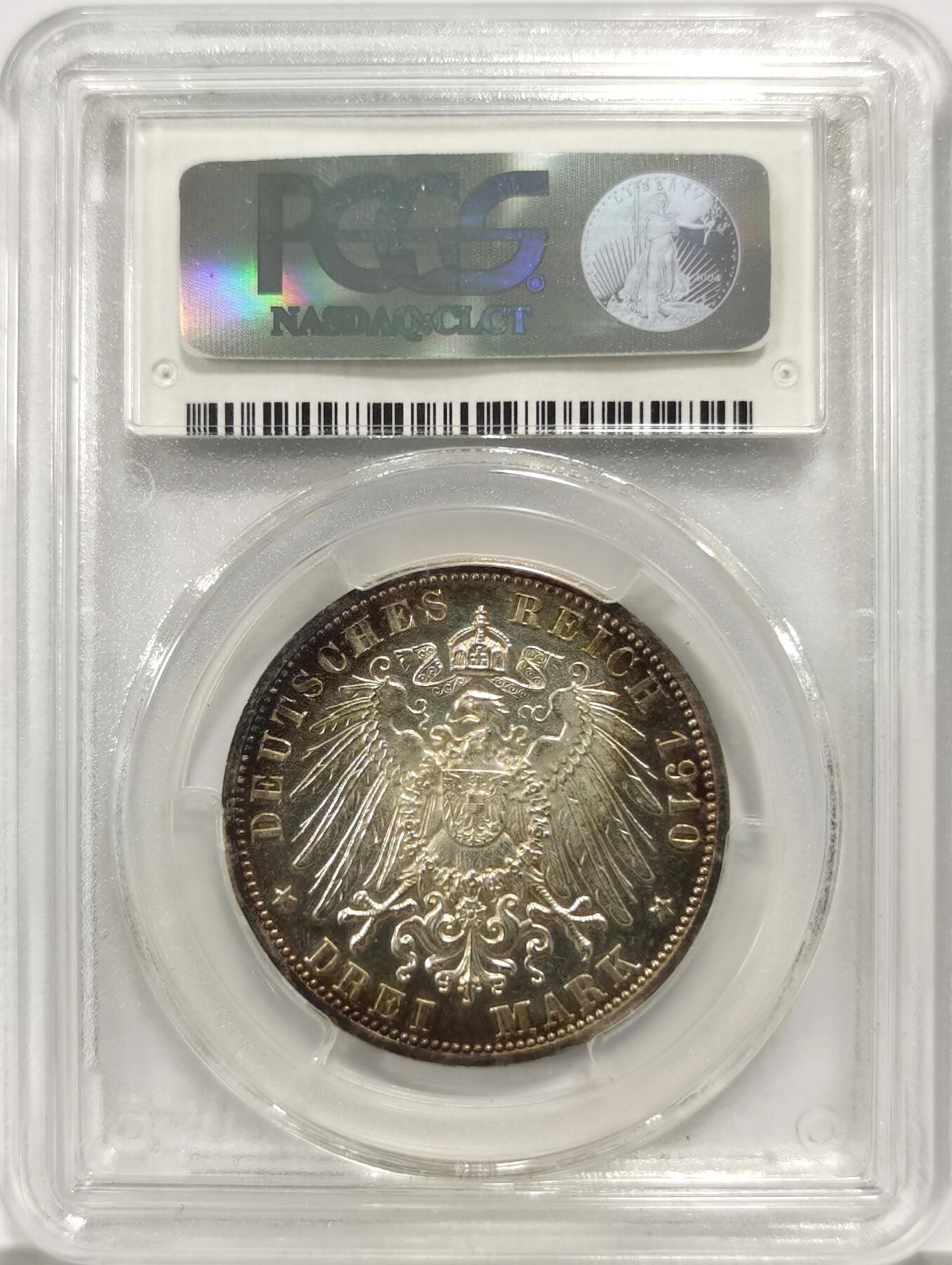 博洋堂世界钱币拍卖第139期（全场包邮） PCGS PR63 德国萨克森-魏玛-爱森纳赫1910年结婚纪念3马克银币，极美镜面五彩