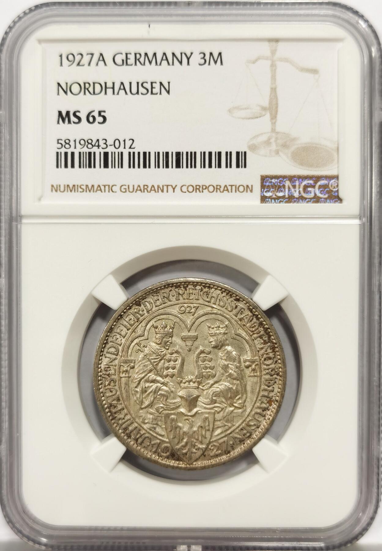 博洋堂世界钱币拍卖第139期（全场包邮） NGC MS65 1927年德国诺德豪森建城千年3马克银币，非常经典的魏玛德国式设计，古韵人物像与现代感十足的数值面设计相碰撞所产生的经典品种。国内公开市场所见最高分。此前最高的64+拍了2300，近几年这个品种高分涨了很多，值得把握的一枚精品
