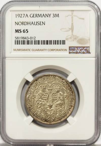 博洋堂世界钱币拍卖第139期（全场包邮） - NGC MS65 1927年德国诺德豪森建城千年3马克银币，非常经典的魏玛德国式设计，古韵人物像与现代感十足的数值面设计相碰撞所产生的经典品种。国内公开市场所见最高分。此前最高的64+拍了2300，近几年这个品种高分涨了很多，值得把握的一枚精品