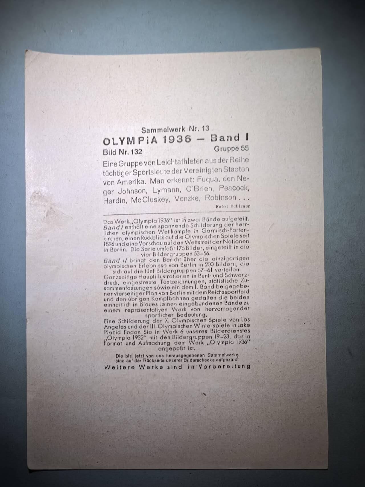 盛世勋华——号角文化勋章邮票专场拍卖第278期 德国（1939）1936年柏林奥运会大尺寸宣传照片  一组来自美国的田径运动员，他们是美国众多优秀运动员中的一部分。人们可以认出：富夸，新约翰逊、莱曼、奥布莱恩、皮科克、哈丁、麦克卢斯基、文茨克、罗宾逊