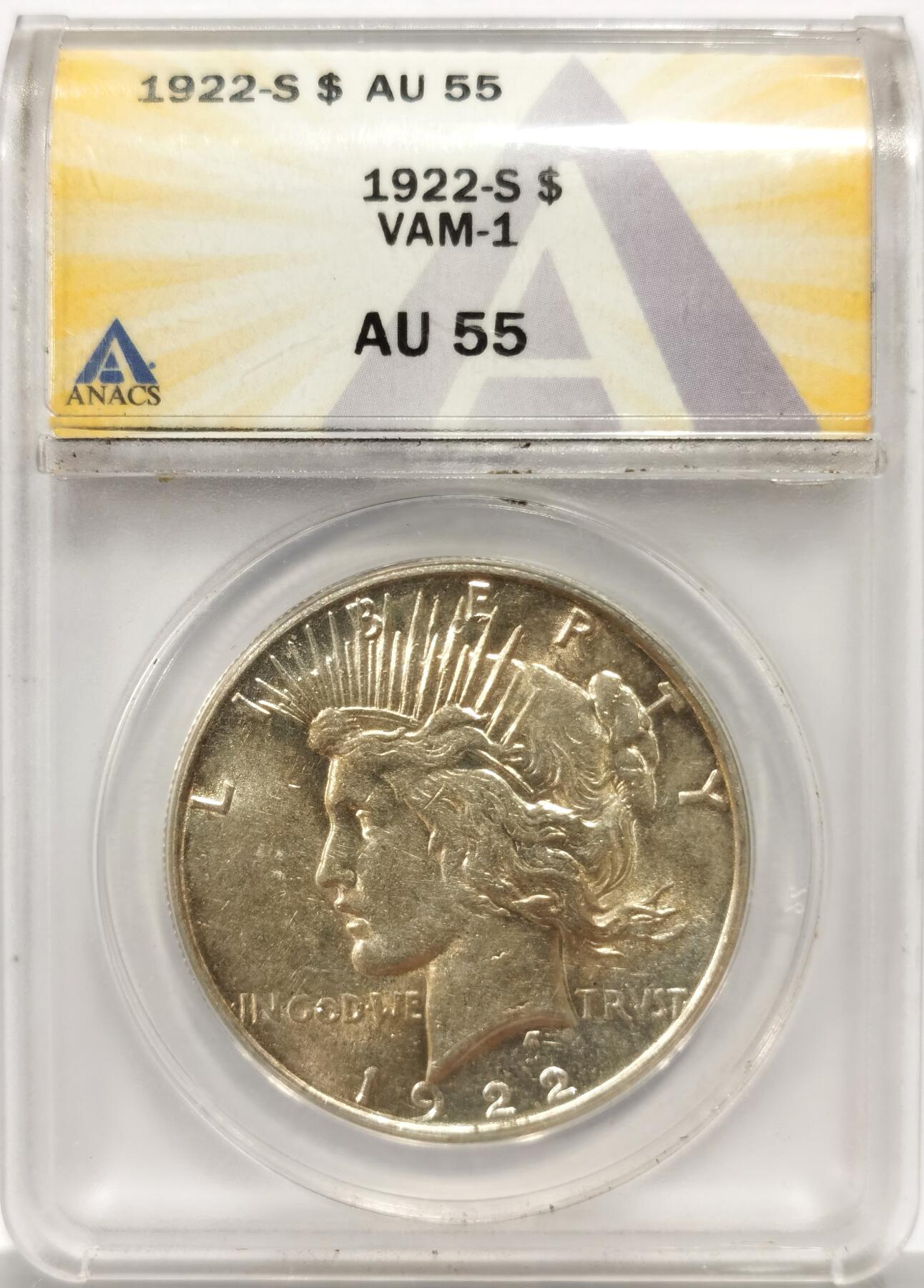 博洋堂世界钱币拍卖第139期（全场包邮） ANACS AU55 美国1922年和平大银元。ANACS是仅次于PCGS和NGC的漂亮国第三大评级公司，其盒子币品质非常高，底板丝滑甚至还带有一层淡淡银霜，接近未流通状态。和平女神发丝细节直接拉满，根根缕缕分明，背面老鹰翅膀锐利，胸毛爆起，字体压力十足，完全透打，转光强烈，AU底板，MS光度，直边割手，滴水未下