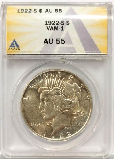 博洋堂世界钱币拍卖第139期（全场包邮） - ANACS AU55 美国1922年和平大银元。ANACS是仅次于PCGS和NGC的漂亮国第三大评级公司，其盒子币品质非常高，底板丝滑甚至还带有一层淡淡银霜，接近未流通状态。和平女神发丝细节直接拉满，根根缕缕分明，背面老鹰翅膀锐利，胸毛爆起，字体压力十足，完全透打，转光强烈，AU底板，MS光度，直边割手，滴水未下