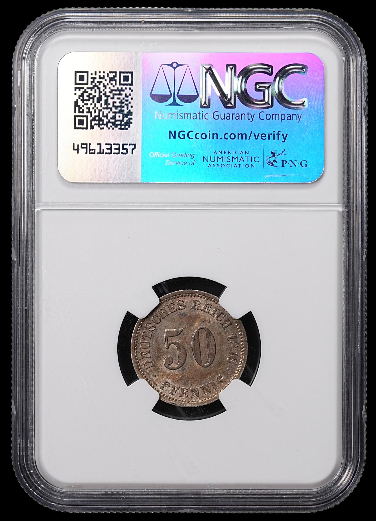 修遠堂世界钱币第八十四期 NGC MS62 1876年德国50芬尼银币 B厂铭