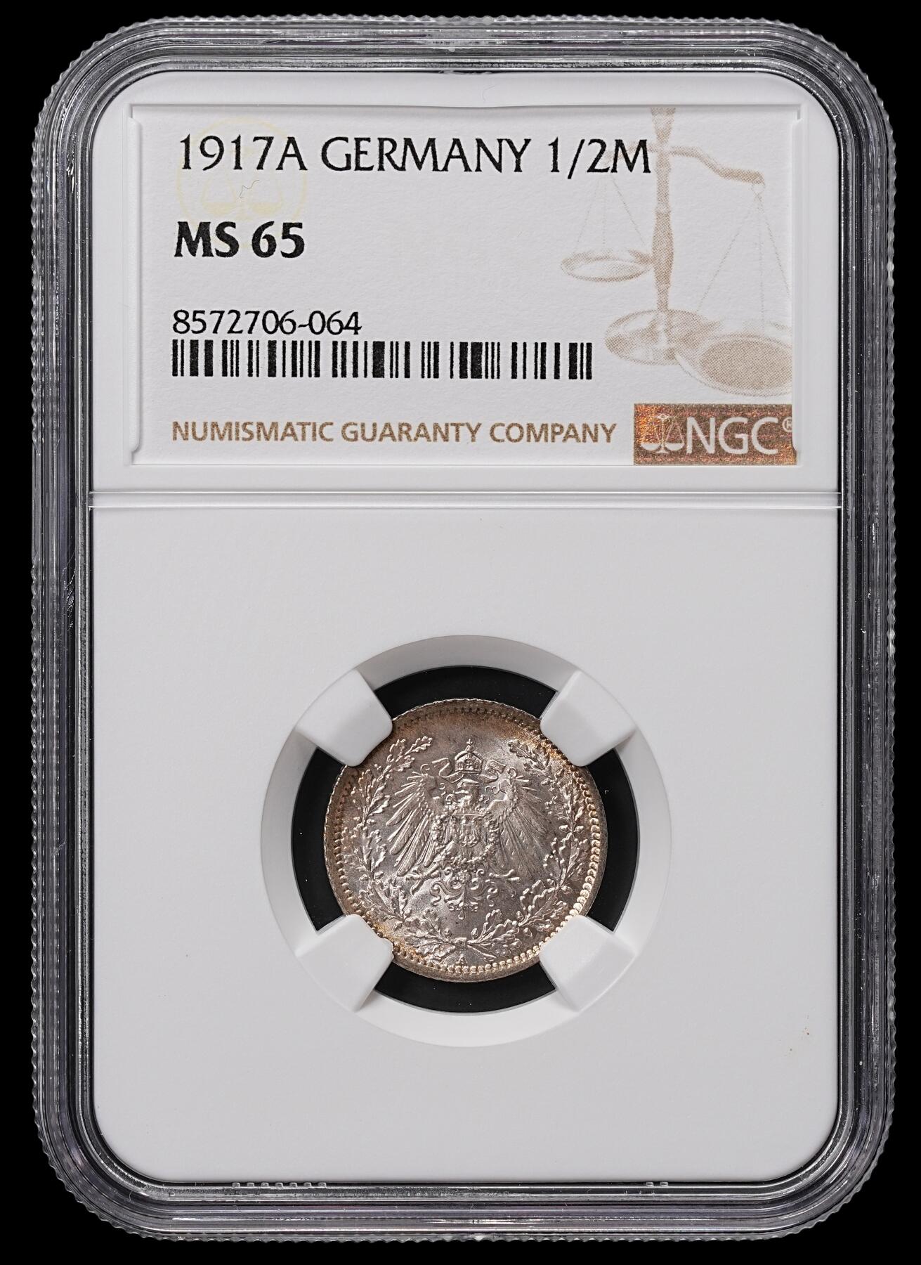 修遠堂世界钱币第八十四期 NGC MS65 1917年德国1/2马克银币 A厂铭
