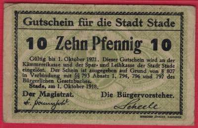 德国施塔德市1918年10月1日发行的10芬尼代用券(紧急状态币) 有效期至1921年10月1日 单面印刷 实物图 八五品 - 德国施塔德市1918年10月1日发行的10芬尼代用券(紧急状态币) 有效期至1921年10月1日 单面印刷 实物图 八五品