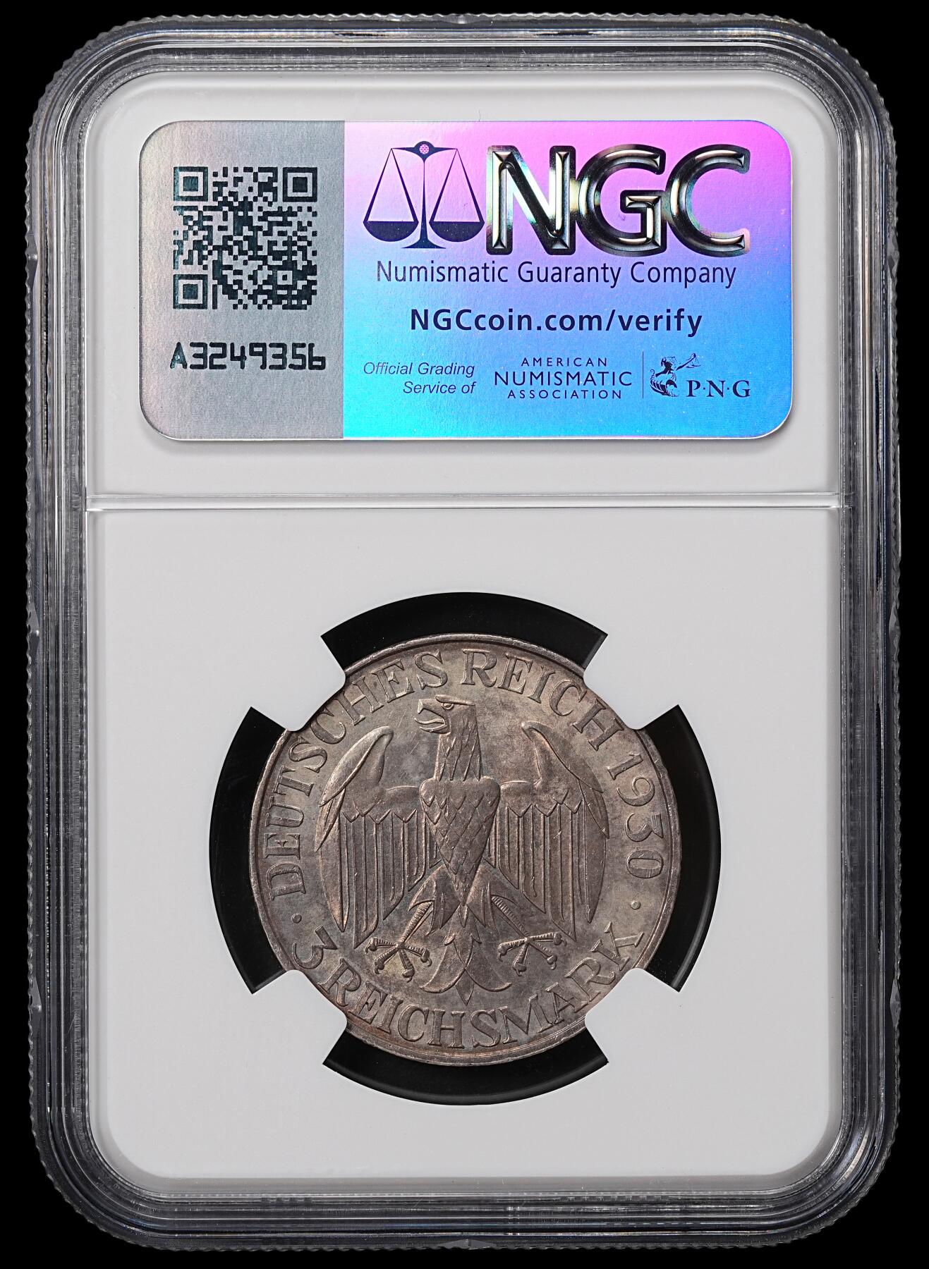 修遠堂世界钱币第八十四期 NGC MS63 1930年德国魏玛共和国-齐柏林飞艇3马克银币 A厂铭