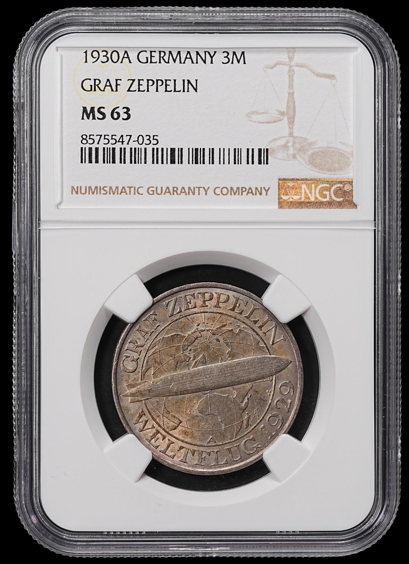 修遠堂世界钱币第八十四期 NGC MS63 1930年德国魏玛共和国-齐柏林飞艇3马克银币 A厂铭