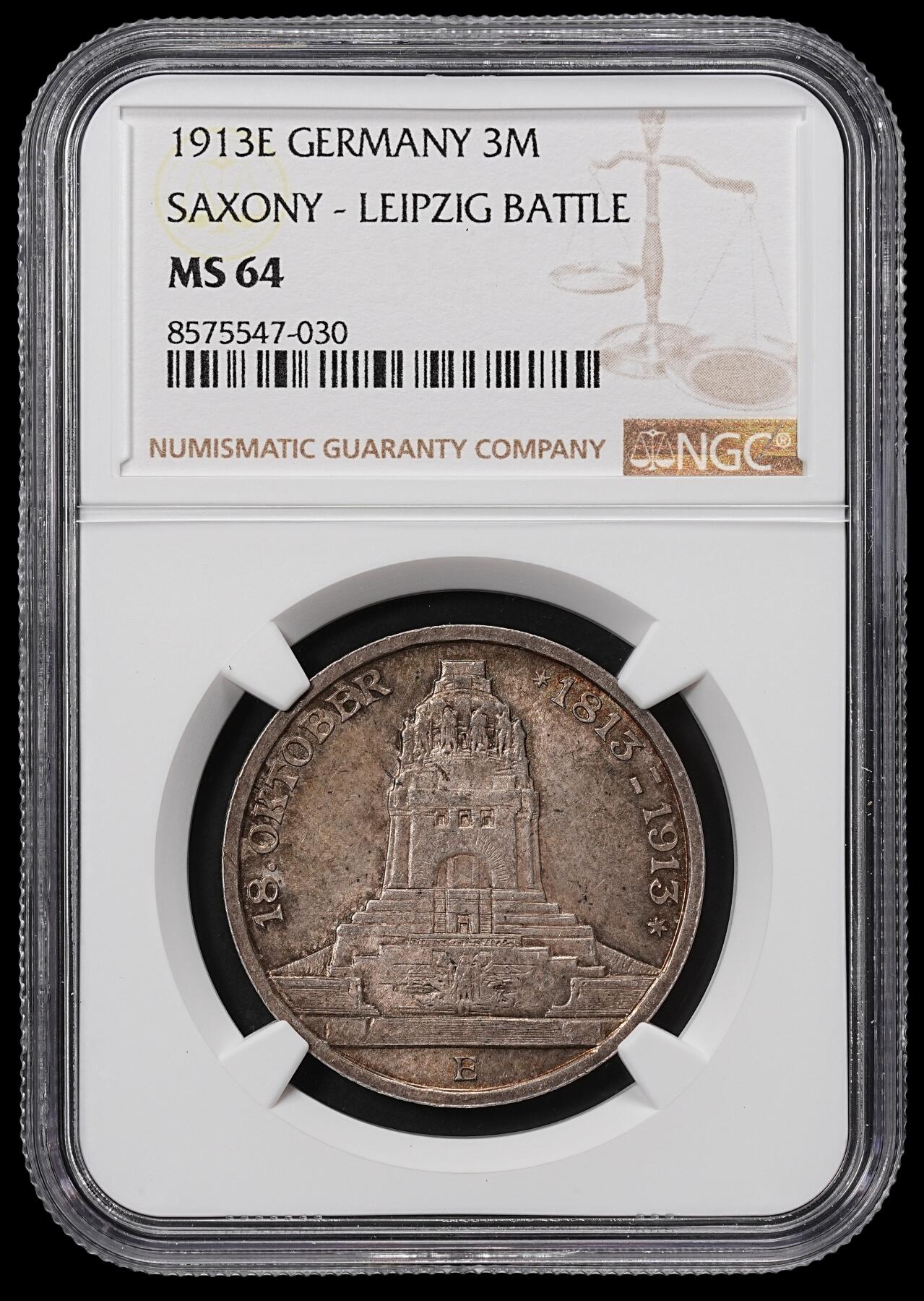 修遠堂世界钱币第八十四期 NGC MS64 1913年萨克森-莱比锡战役百年纪念3马克银币