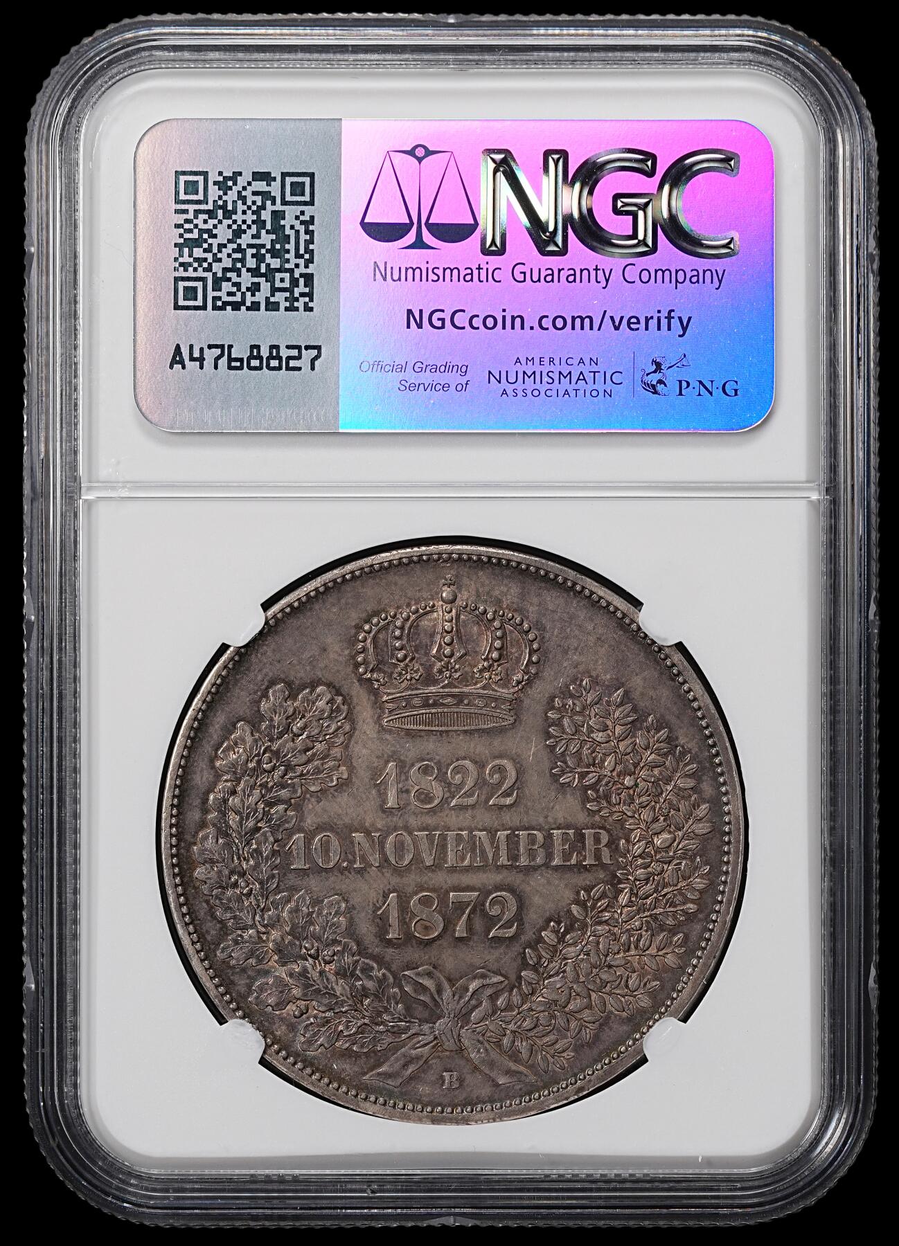 修遠堂世界钱币第八十四期 NGC-MS62 1872萨克森国王金婚纪念2泰勒大银币 德系最后的2泰勒 五彩