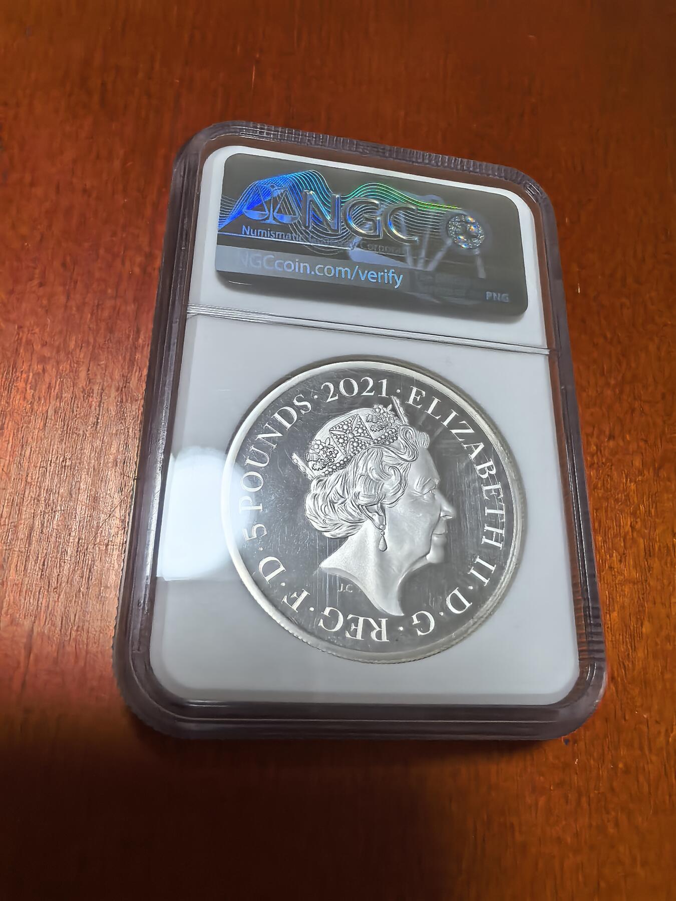 长老汇蛇年精选第四十五场拍卖 2021英国菲利普亲王5英镑精制银币，NGC PF69UC，2盎司999银，更高7枚