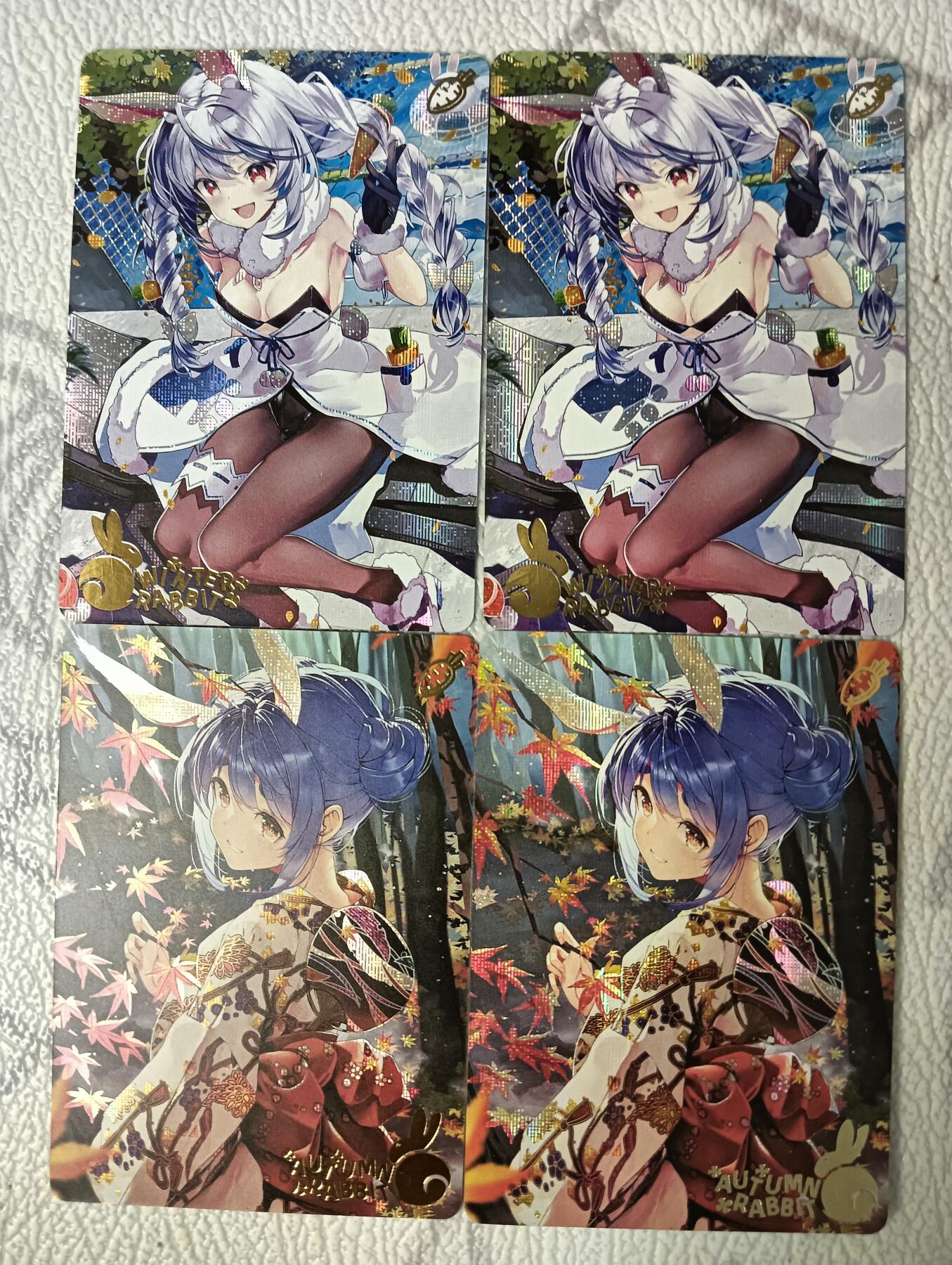 花开卡拍第38期（9月14号周日截拍，品控勿拍!!!拍品不寄存，运费5元，自制卡难免瑕疵，可能存在轻微撞角爆边等出厂瑕疵，品控介意勿拍！） 兔子娘 秋冬季节卡 两对 4张 纱布闪
