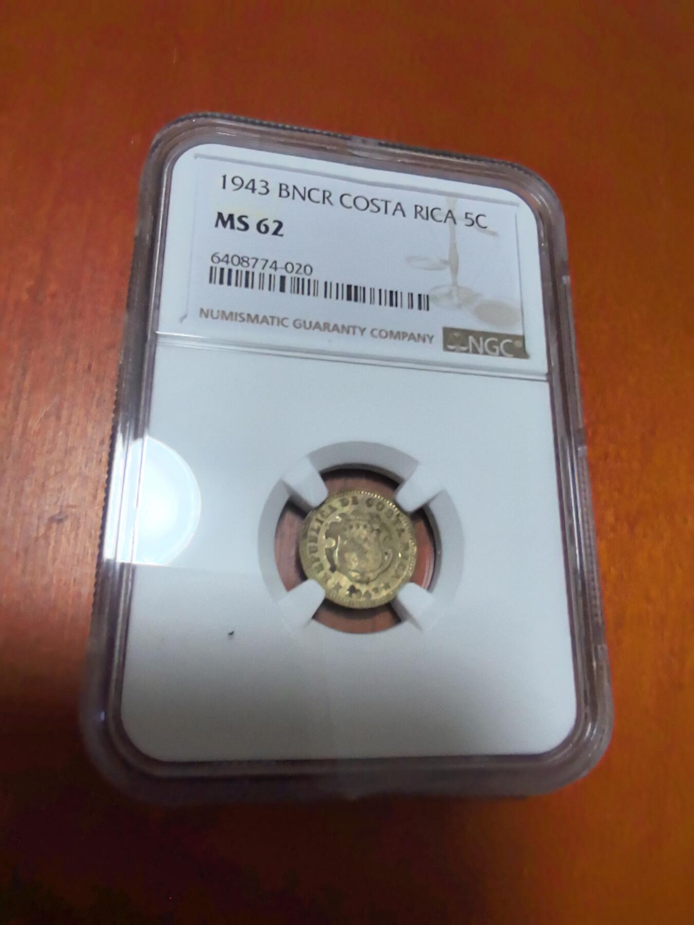 长老汇蛇年精选第四十五场拍卖 1943 哥斯达黎加5分铜币，NGC MS62，唯一第四名，更高7枚，官网63分110美金