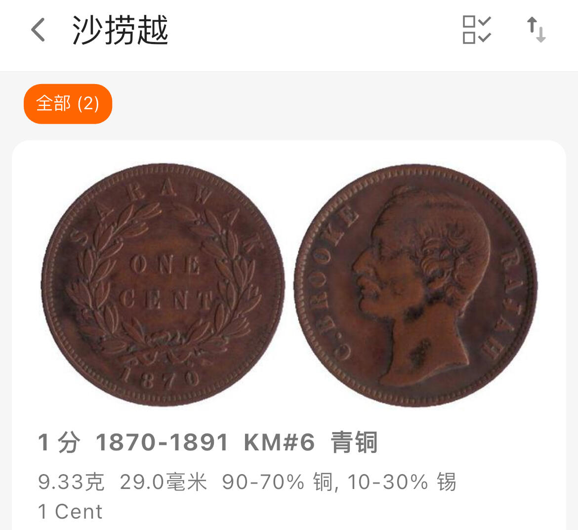 回流钱币0913 沙捞越1887年一分大铜币
