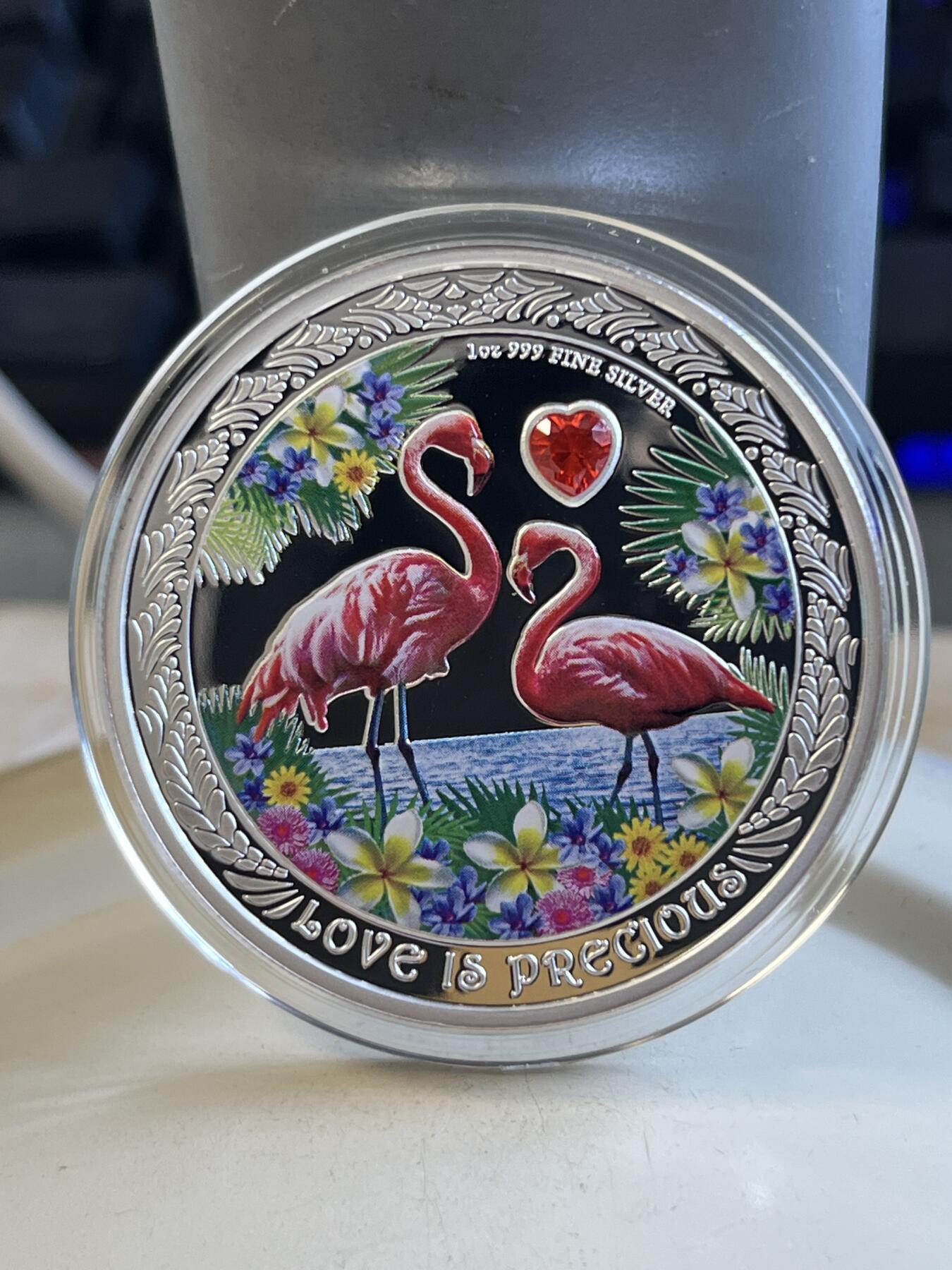第175期拍卖【长期征集拍品】 纽埃2021珍贵的爱情系列火烈鸟1盎司镶水晶银币,999银，发行3000枚