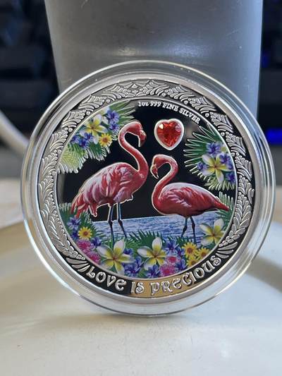 第175期拍卖【长期征集拍品】 - 纽埃2021珍贵的爱情系列火烈鸟1盎司镶水晶银币,999银，发行3000枚