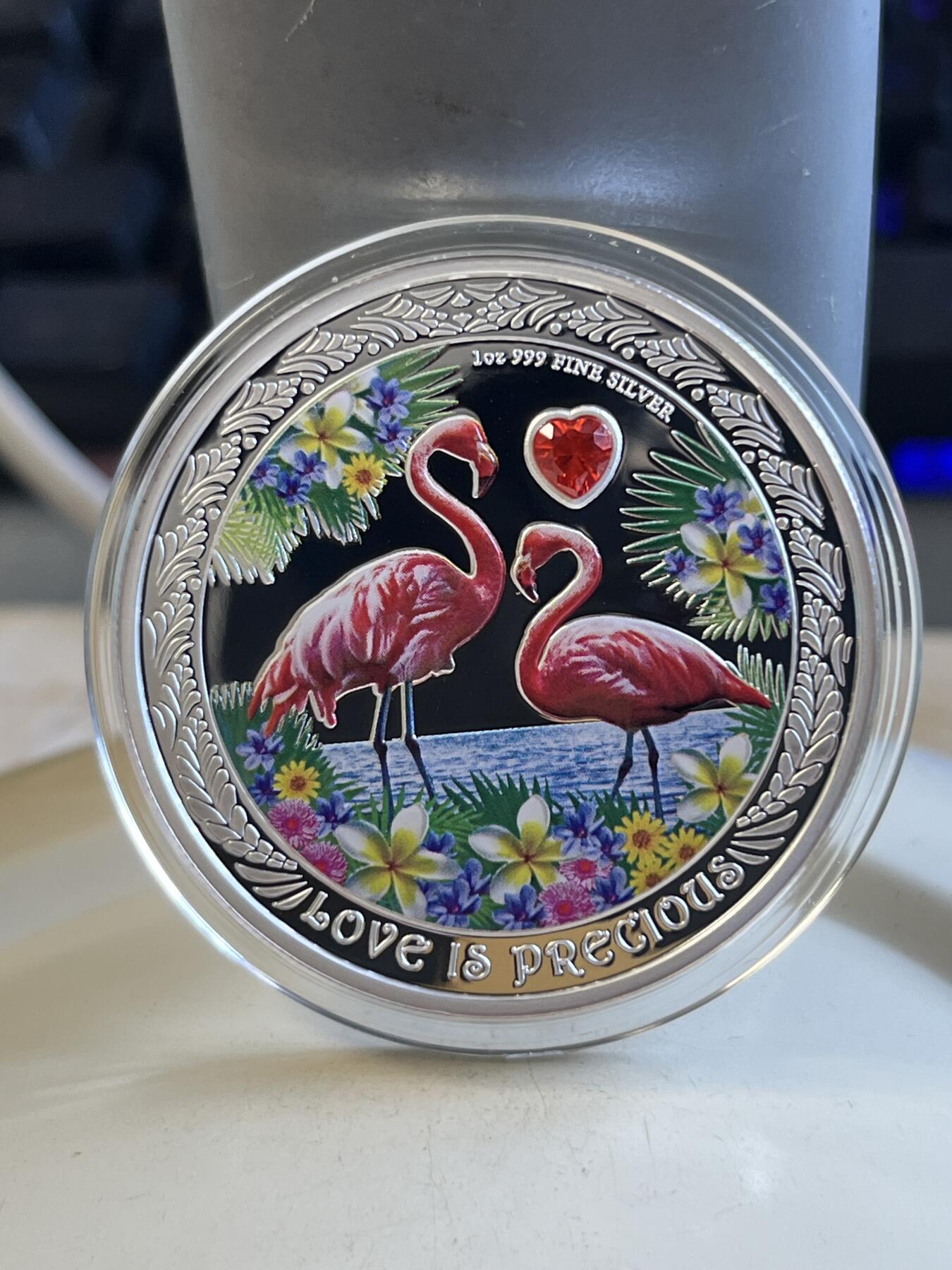 第175期拍卖【长期征集拍品】 纽埃2021珍贵的爱情系列火烈鸟1盎司镶水晶银币,999银，发行3000枚