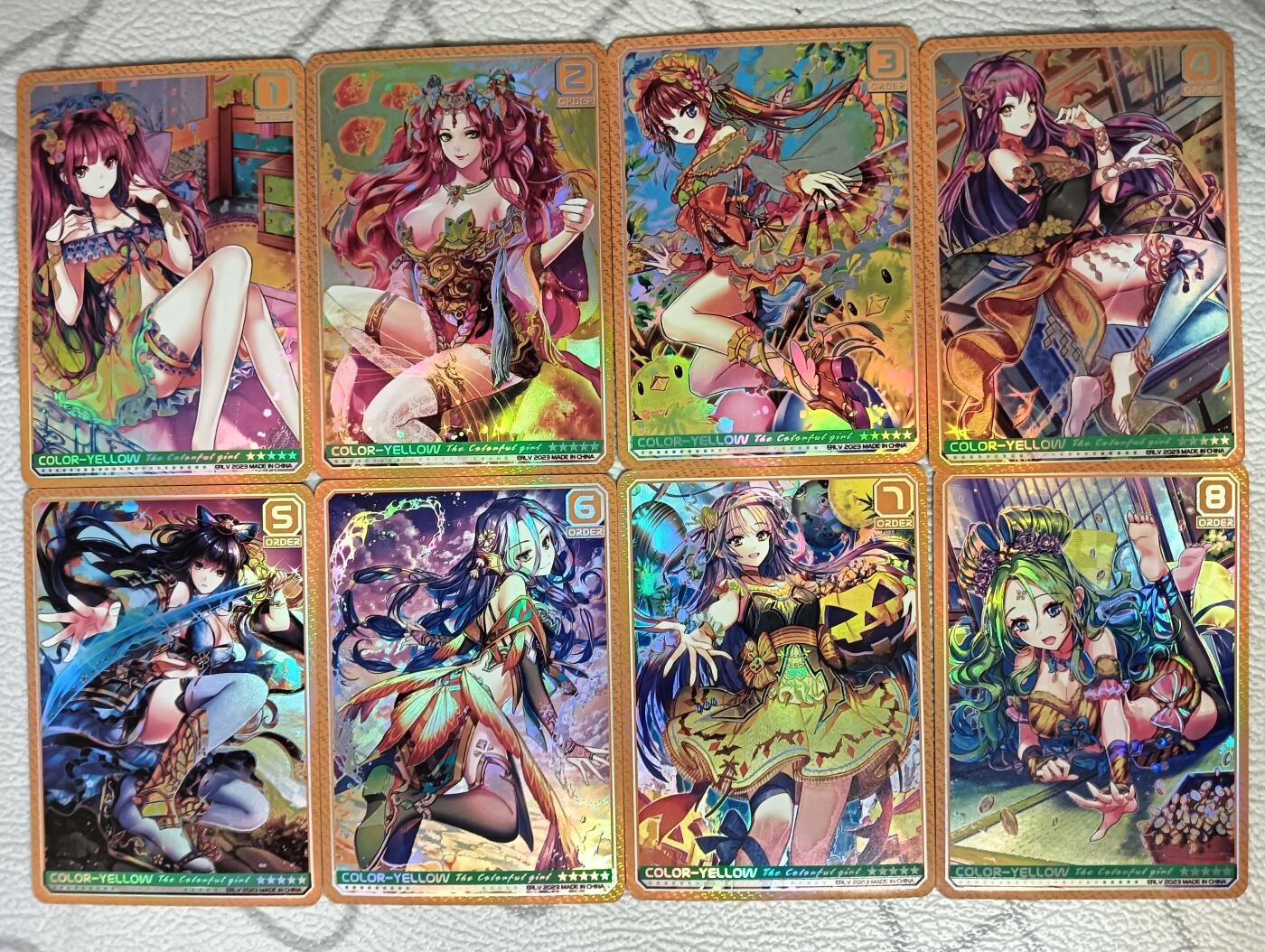 花开卡拍第38期（9月14号周日截拍，品控勿拍!!!拍品不寄存，运费5元，自制卡难免瑕疵，可能存在轻微撞角爆边等出厂瑕疵，品控介意勿拍！） 驴歪歪卡牌 斑斓少女 橙色 彩闪 8张 