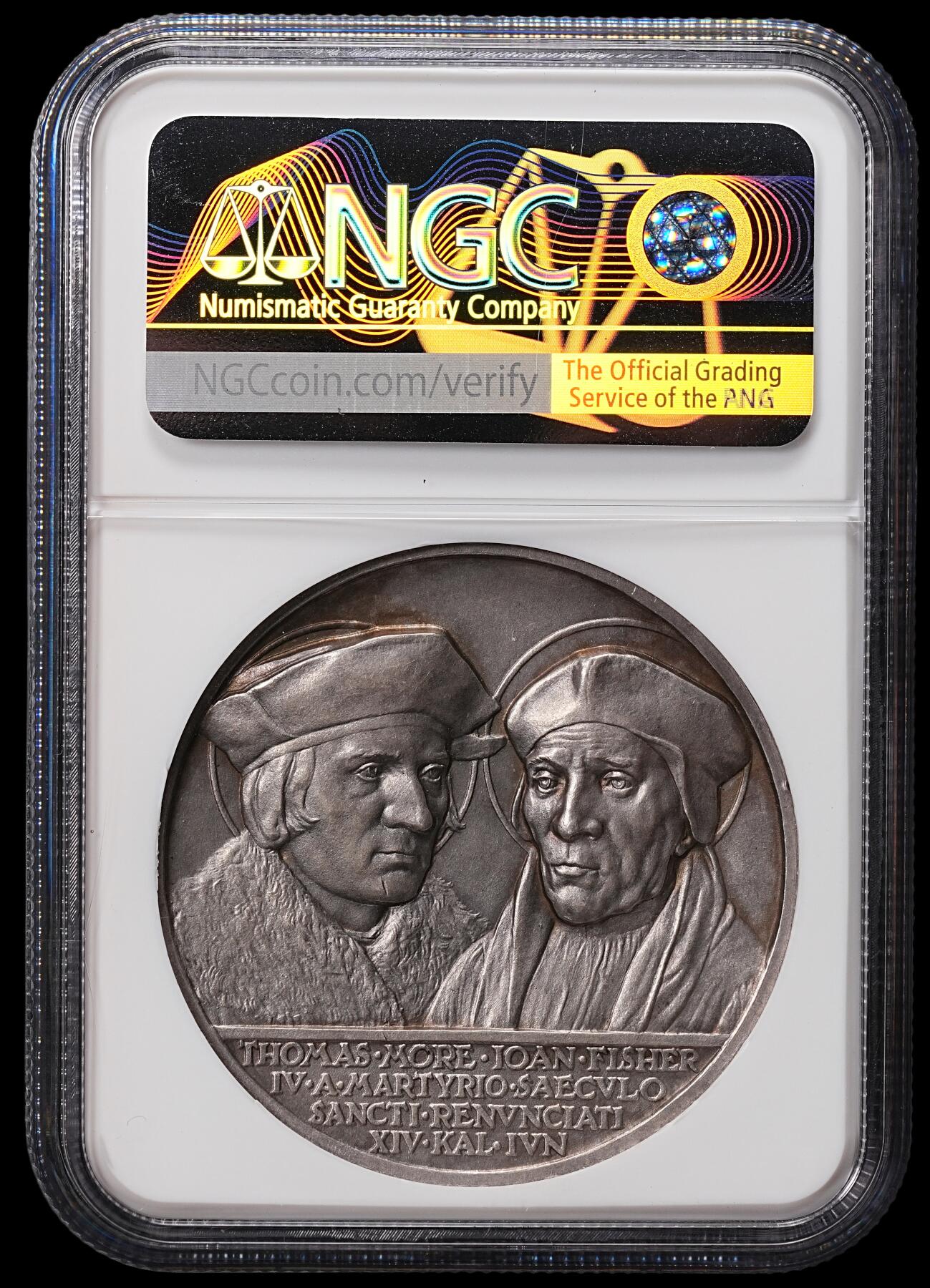 修遠堂世界钱币第八十四期 NGC MS64 1935年梵蒂冈-托马斯·莫尔，约翰·费舍尔 封圣纪念高浮雕大银章 冠军分