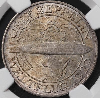 修遠堂世界钱币第八十四期 - NGC MS63 1930年德国魏玛共和国-齐柏林飞艇3马克银币 A厂铭