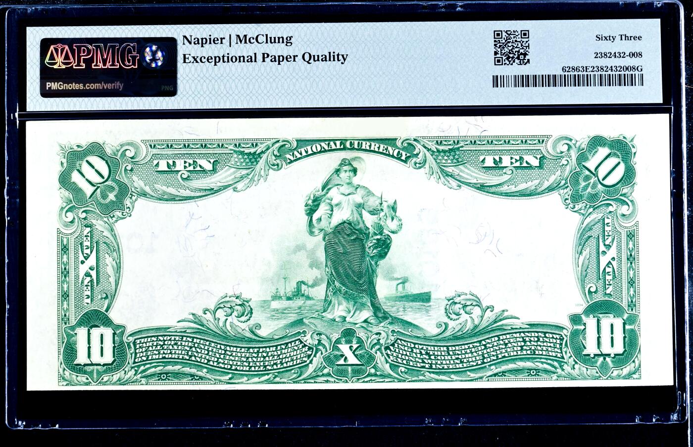【Blue Auction】世界纸币精拍第725期——18级TOP拍卖/信誉/品质/专业/高效💫  【冠军分仅1张65分 少见fr】美国 爱荷华州苏城 1902年10美金 正面人物为美国第25任总统威廉·麦金莱（也是500美金上的人物）背面女神&蒸汽船&军舰 象征工业化革命 PMG63EPQ 全新原票 大票幅雕刻精美